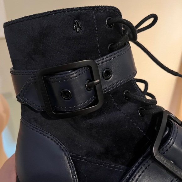 Armani Black Leather Moto Combat Boot Blue Ankle AX Oversized Buckle Zipper 7 38 - Picture 11 of 16